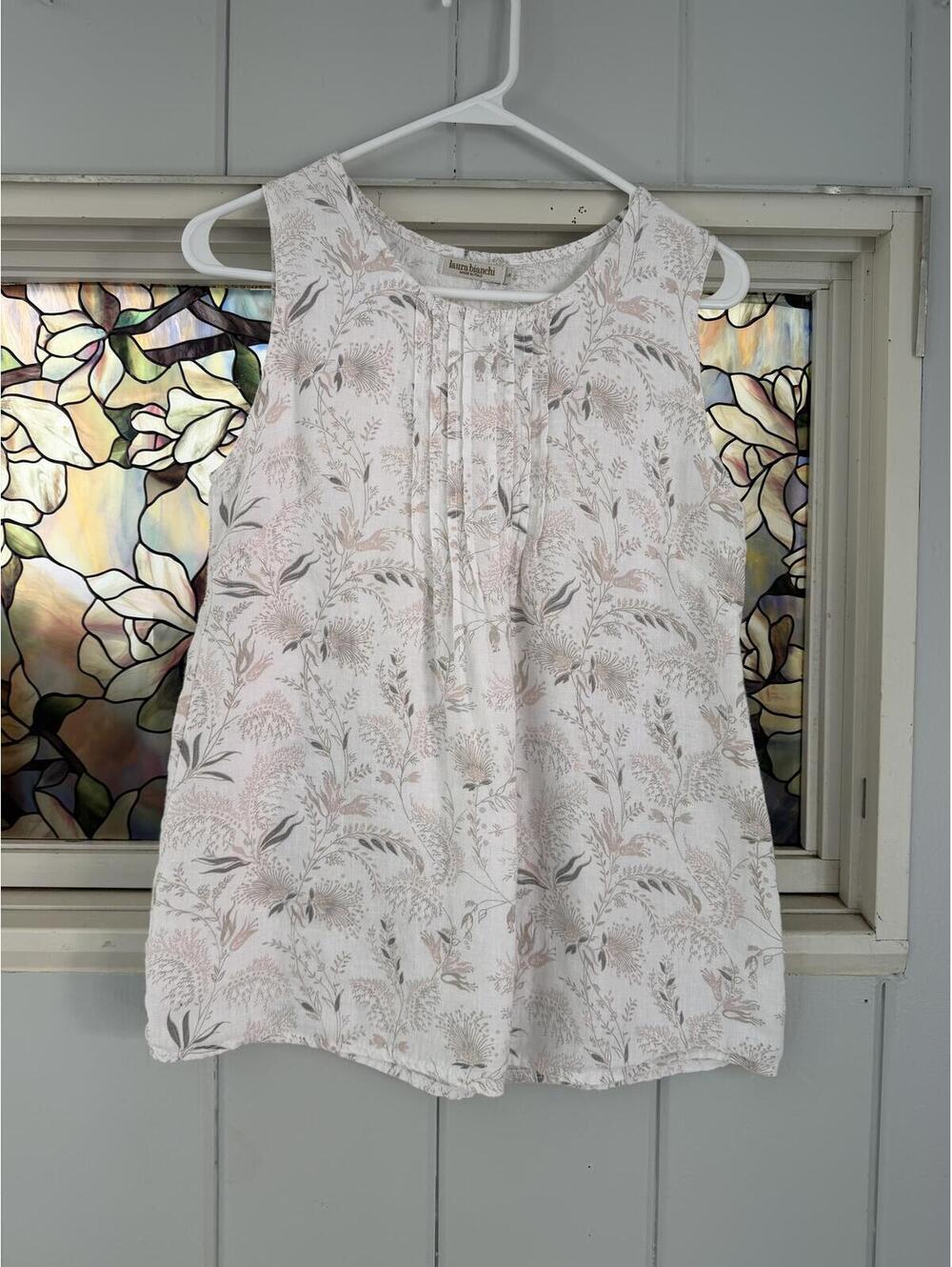Laura Bianchi white linen Sleeveless Floral Pleat Blouse Top Size S
